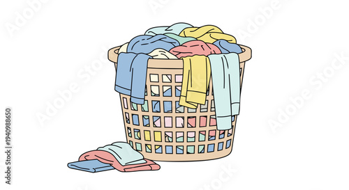A whimsical illustration of a overflowing laundry basket filled with colorful garments and a small pile of clothes on the floor