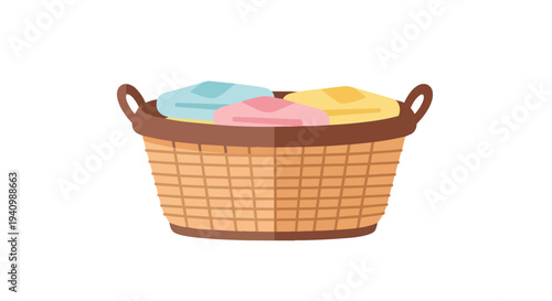 A charming illustration of a woven laundry basket brimming with neatly folded clothes in pastel hues of blue, pink, and yellow