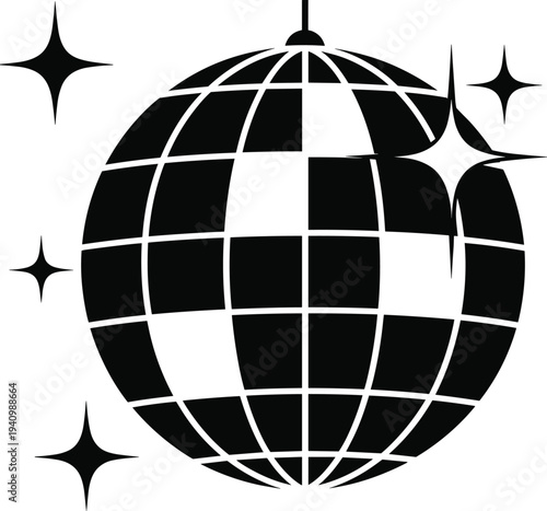 Disco ball silhouette with sparkling stars, retro dance party symbol, nightclub mirror ball icon, music celebration illustration