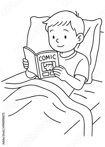 coloring book page boy reading a comic book while relaxing in bed