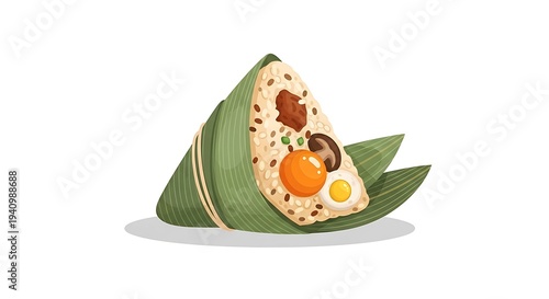 A close-up, vector illustration showcases a triangular rice dumpling with various fillings, wrapped in vibrant green leaves, and tied with string