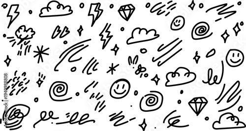 Hand drawn doodles collection various whimsical illustrations of clouds smiley faces lightning bolts and more fun designs