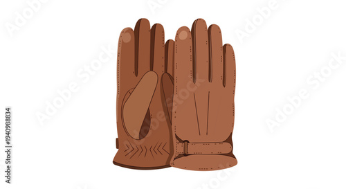 Detailed illustration of a pair of classic brown leather gloves with stitching and buckle details isolated on a white background