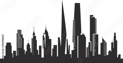 Modern city skyline silhouette, urban skyscraper buildings panorama, downtown architecture landscape, metropolitan cityscape illustration, business district skyline design