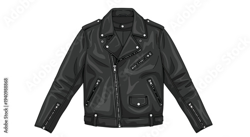 Stylish Black Leather Motorcycle Jacket Illustration with Detailed Zippers and Snaps