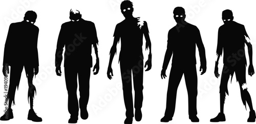 Zombie silhouette illustration set, horror undead icons, creepy glowing eyes tattered clothing, Halloween vector, apocalyptic design, scary art, spooky figure