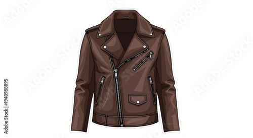 Stylish Brown Leather Biker Jacket with Zipper Accents and Folded Collar Isolated on White Background