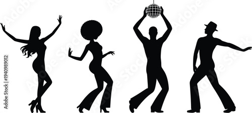 Disco dancers silhouette collection, retro party people dancing, nightclub music celebration, vintage dance poses, nightlife entertainment illustration set
