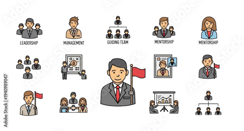 A vector graphic illustration of business leadership and management icons in a flat minimal design style
