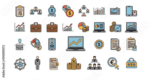 A collection of business and finance icons in a flat, minimal design style