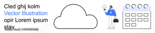 Cloud storage, workflow planning, productivity, innovation, time management, business ideas. A cloud shape with a businessman and calendar. Cloud storage and workflow planning concept
