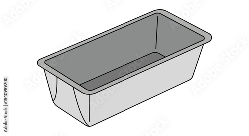 Minimalist line art depiction of an empty grey rectangular baking pan or loaf tin rendered against a pure white background