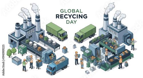 Isometric illustration of industrial recycling process with workers and machinery on Global Recycling Day, showcasing sustainable waste management and eco-friendly practices.