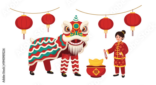 A traditional Chinese lion dance costume stands beside a girl in a red dress holding incense sticks near a gold bowl.