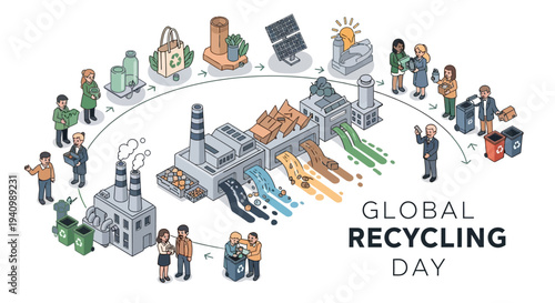 Illustration of people engaging in sustainable recycling practices on Global Recycling Day with a recycling symbol and industrial elements in a circular economy concept.
