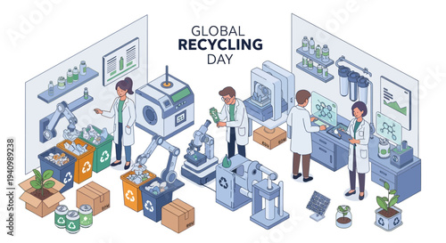 Illustration of people working in a recycling facility on Global Recycling Day with various recycling processes and machinery.
