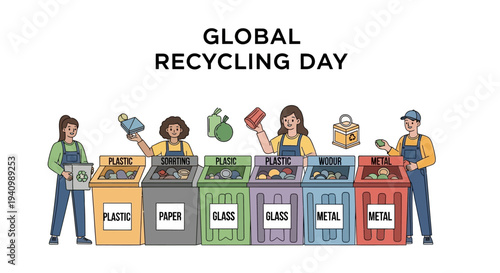 Illustration of people recycling various materials on Global Recycling Day with labeled bins for plastic, paper, glass, metal, and waste, promoting eco-friendly practices in a colorful and