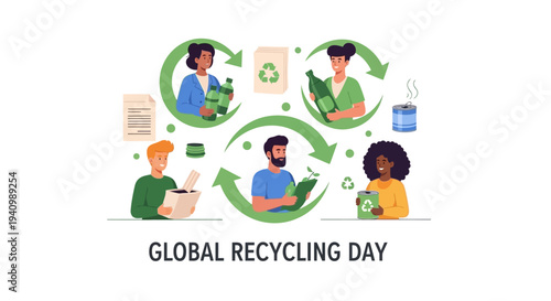 Illustration of people engaging in eco-friendly recycling practices with a recycle symbol and arrows on Global Recycling Day, promoting sustainable waste management and circular economy