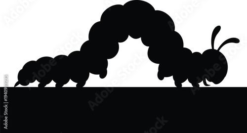 Cute caterpillar silhouette, arching crawling insect, isolated black shape, minimal vector style, nature wildlife bug macro concept illustration