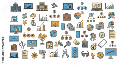 A collection of business and finance icons in a flat, minimal design style