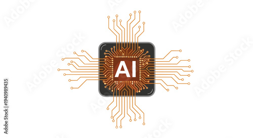 A dark grey computer chip with AI text at its core radiates numerous golden circuit lines outwards on a white background.