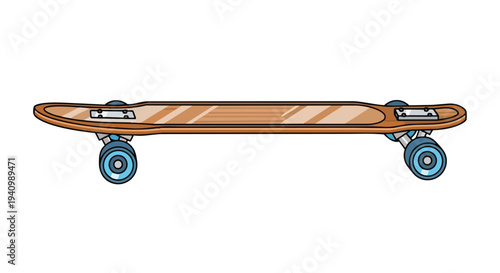 A detailed illustration of a longboard skateboard with a wooden deck and blue wheels presented against a plain white background