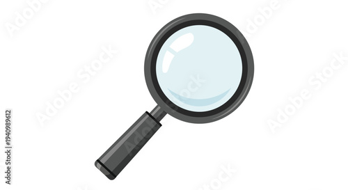 A black-handled magnifying glass with a clear, reflective lens angled against a white background, symbolizing observation and discovery