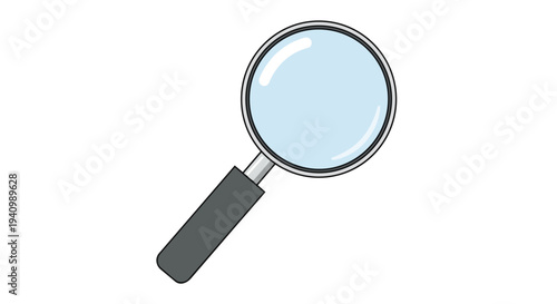Simple cartoon illustration of a magnifying glass with a gray handle and a clear glass lens against a white background for analysis