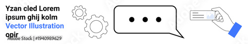 Business communication, teamwork, digital workflow, innovation, technology, information sharing. Gears, speech bubble with dots and hand holding a business card. Communication and teamwork concept