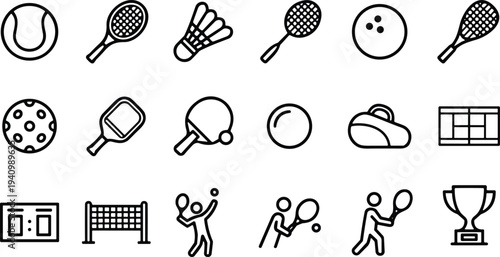 Sports icon illustration set, racket ball games, tennis badminton squash pickleball table volleyball bowling trophy, equipment vector, athletic design, recreation art