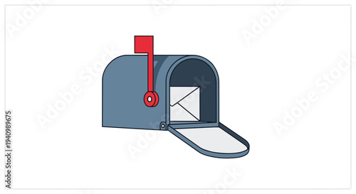 Classic blue curbside mailbox with red flag signal receiving a white envelope within its open compartment, a simple design illustrating