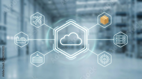 Wallpaper Mural Supply chain, Logistics, Cloud computing, Warehouse, Distribution, Digital technology, Shipping icons illustrating global cargo network and automated data tracking systems. Torontodigital.ca