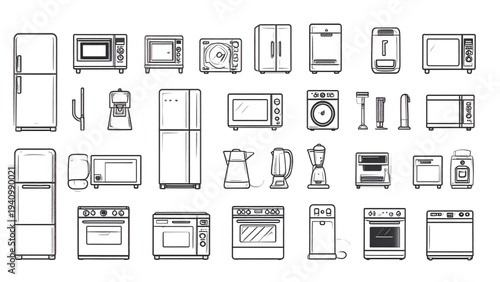 A collection of minimalist line art icons representing various household appliances including a refrigerator, microwave, washing machine, stove, vacuum cleaner, and coffee maker.