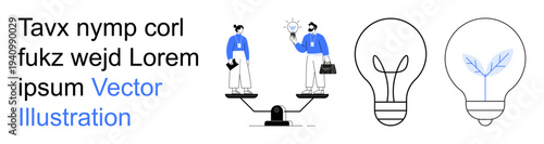Business strategies, work-life equilibrium, eco-friendly innovations, career decision-making, renewable energy, environmental focus. People balancing scales light bulbs ideas. Work-life balance