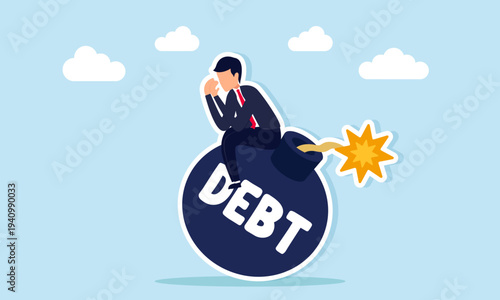 Confused businessman sitting on debt bomb illustration of difficulty resolving company debt obligations and financial pressure in business management