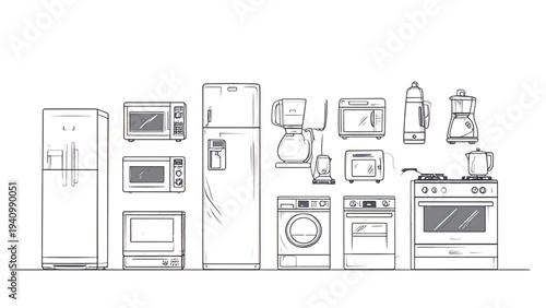 A collection of minimalist line art icons representing various household appliances including a refrigerator, microwave, washing machine, stove, vacuum cleaner, and coffee maker.