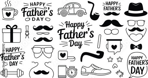 Happy Fathers Day icon and typography set, dad accessories symbols including moustache, pipe, hat, glasses, gift and celebration elements