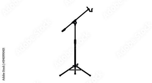 Silhouette of a professional microphone stand with adjustable boom arm and tripod base presented against a stark white backdrop for clear visibility