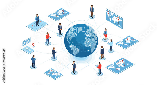 An isometric blue globe is surrounded by diverse people connected by dotted lines to digital tablets showing maps.