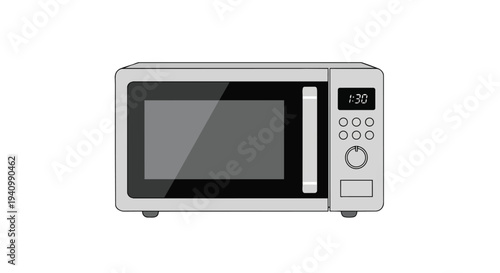 A minimalist illustration of a modern silver microwave oven with a digital display showing 1:30 and various control buttons against a stark white