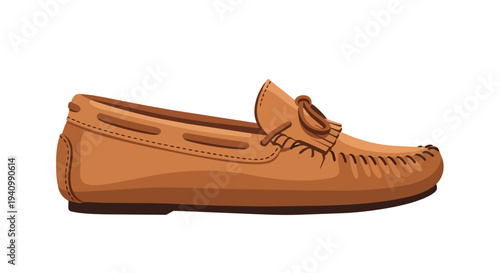 A Single Classic Brown Leather Moccasin Shoe with Decorative Tassels and Stitched Detailing on a White Background