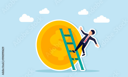 Businessman trying to climb dollar coin with ladder but falling because the ladder is broken illustration of failure in building stable business financial management