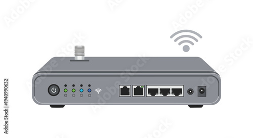 Modern gray router with indicator lights and antenna transmitting wireless signals against a clean white backdrop