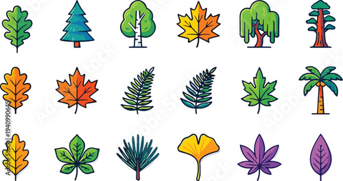 Tree and leaf illustration set, colorful botanical icons, oak pine birch maple willow redwood palm fern ginkgo, nature vector, plant design