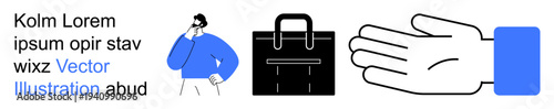 Business, problem-solving, professional services, decision-making, offering gesture, partnerships. Person thinking, briefcase and hand gesture. Business and problem-solving concept