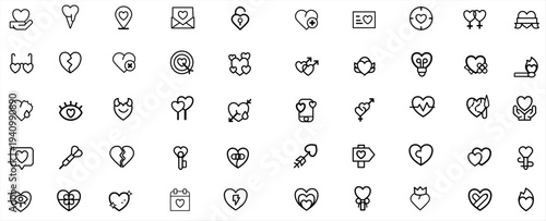Mega set of 50 heart and love line icons.Black vector symbols for Valentine's Day, weddings, romance, and feelings.