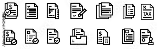 Set of professional business document and tax line icons. Minimalist black vector symbols for financial audit, tax return, invoice, contract signing, and corporate paperwork management.