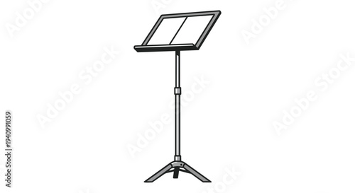Adjustable metallic music stand with a wide base for stability and a slanted platform for convenient viewing of sheet music