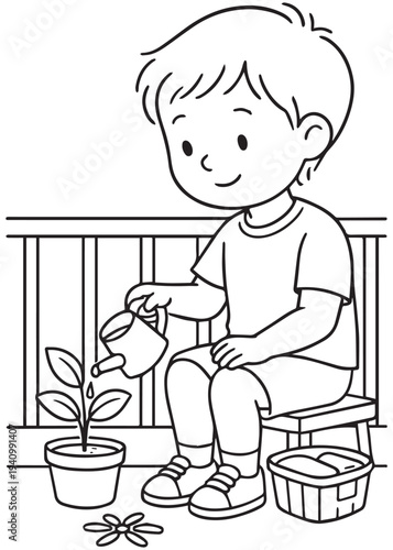 coloring book page boy watering potted plants on the balcony