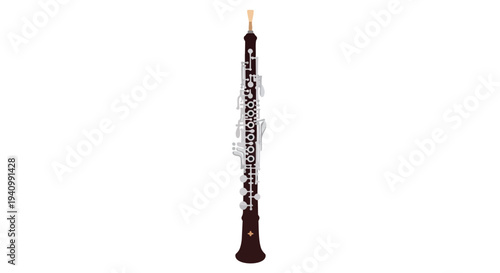 Detailed illustration of a classical oboe, a double-reed woodwind instrument with intricate silver keys and a dark wooden body, isolated on a white